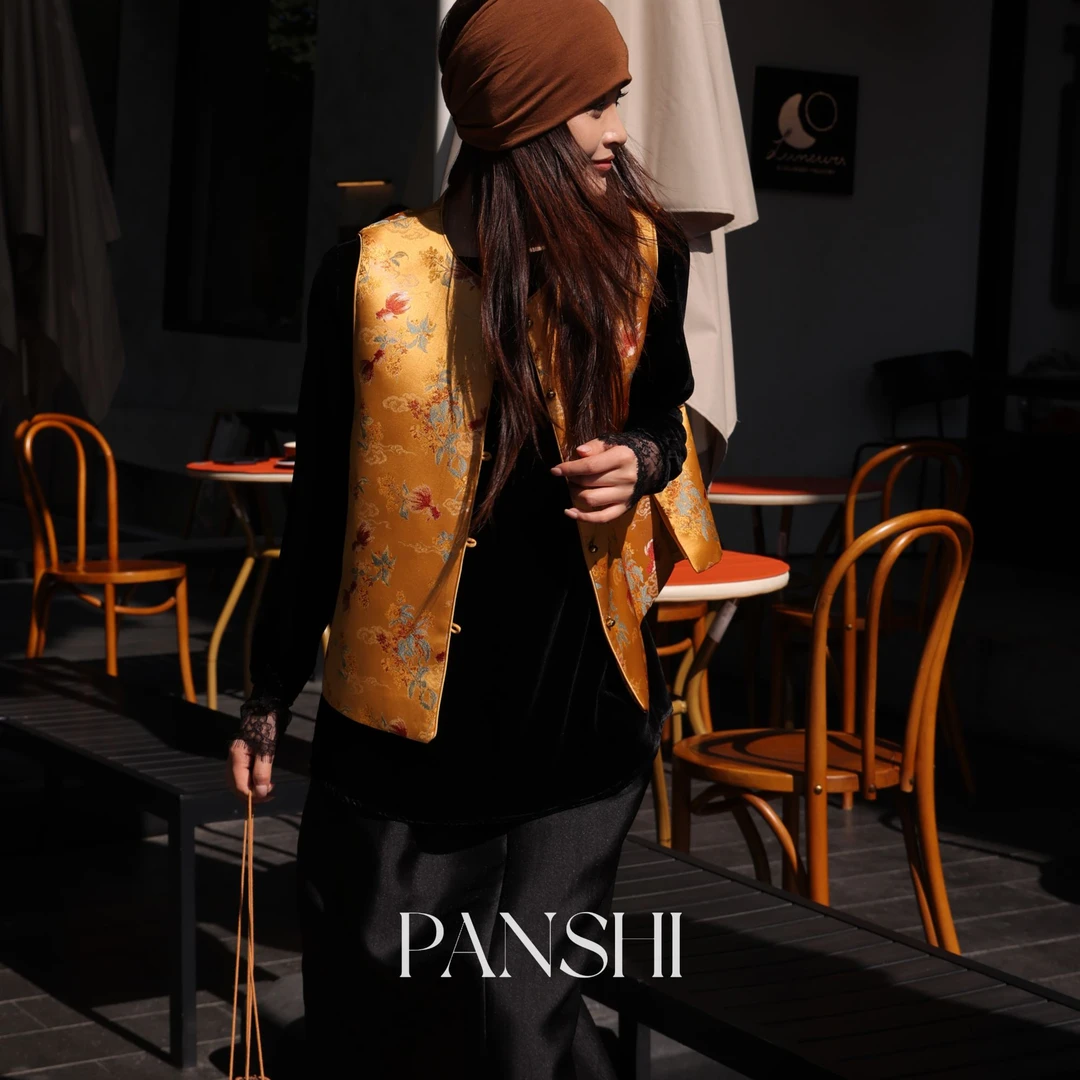 PANSHI原创中式中国风冬季保暖国风唐装金鱼提花马甲年服