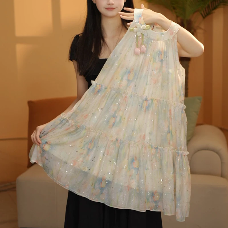 女童挂脖连衣裙夏季2025新款儿童网纱裙子夏装女孩碎花沙滩裙洋气