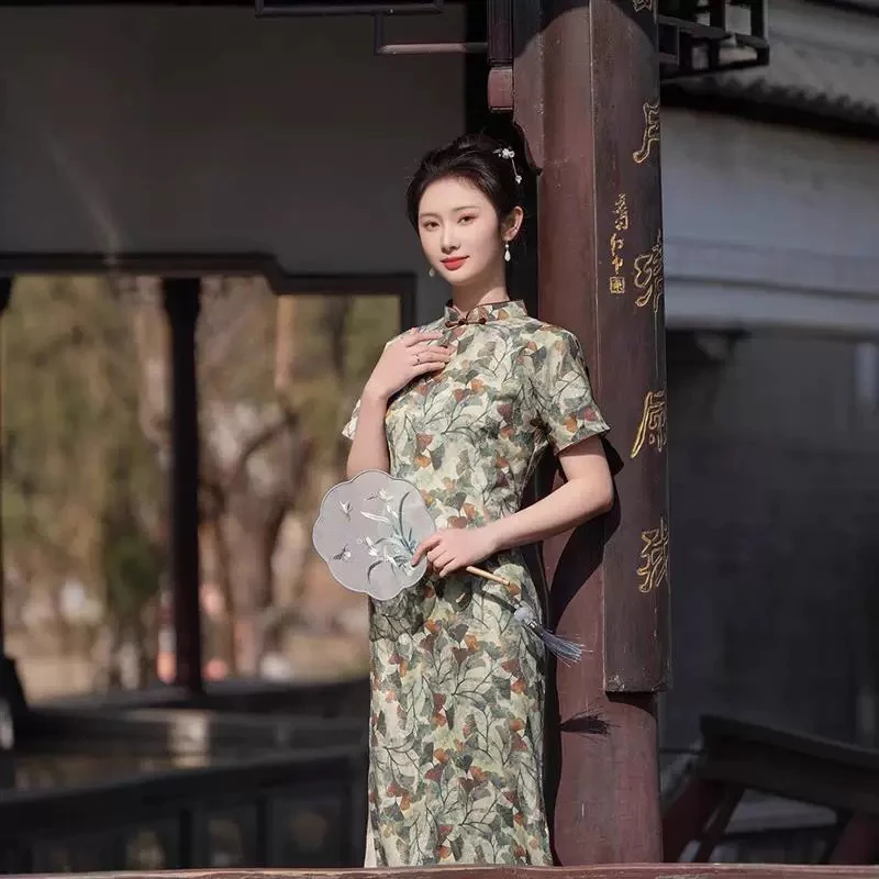 1443--复古版银杏叶旗袍