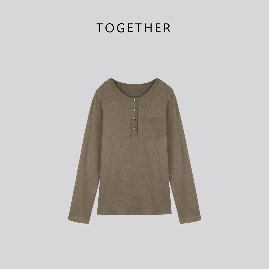 【Together】秋季纽扣宽松百搭长袖T恤打底衫#W8306