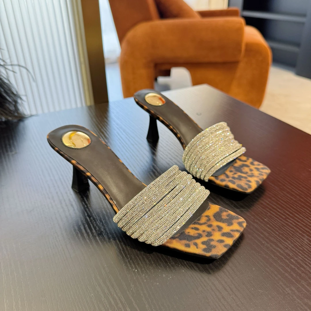 【6公分】韩版豹纹气质方头水钻2025夏季露趾百搭外穿女细高跟拖鞋