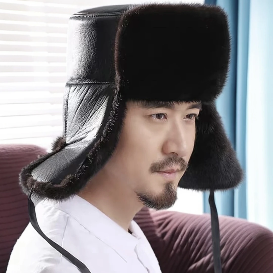 真皮（皮顶）水貂帽冬季抗寒保暖护耳帽整貂裁剪男士帽一款双色