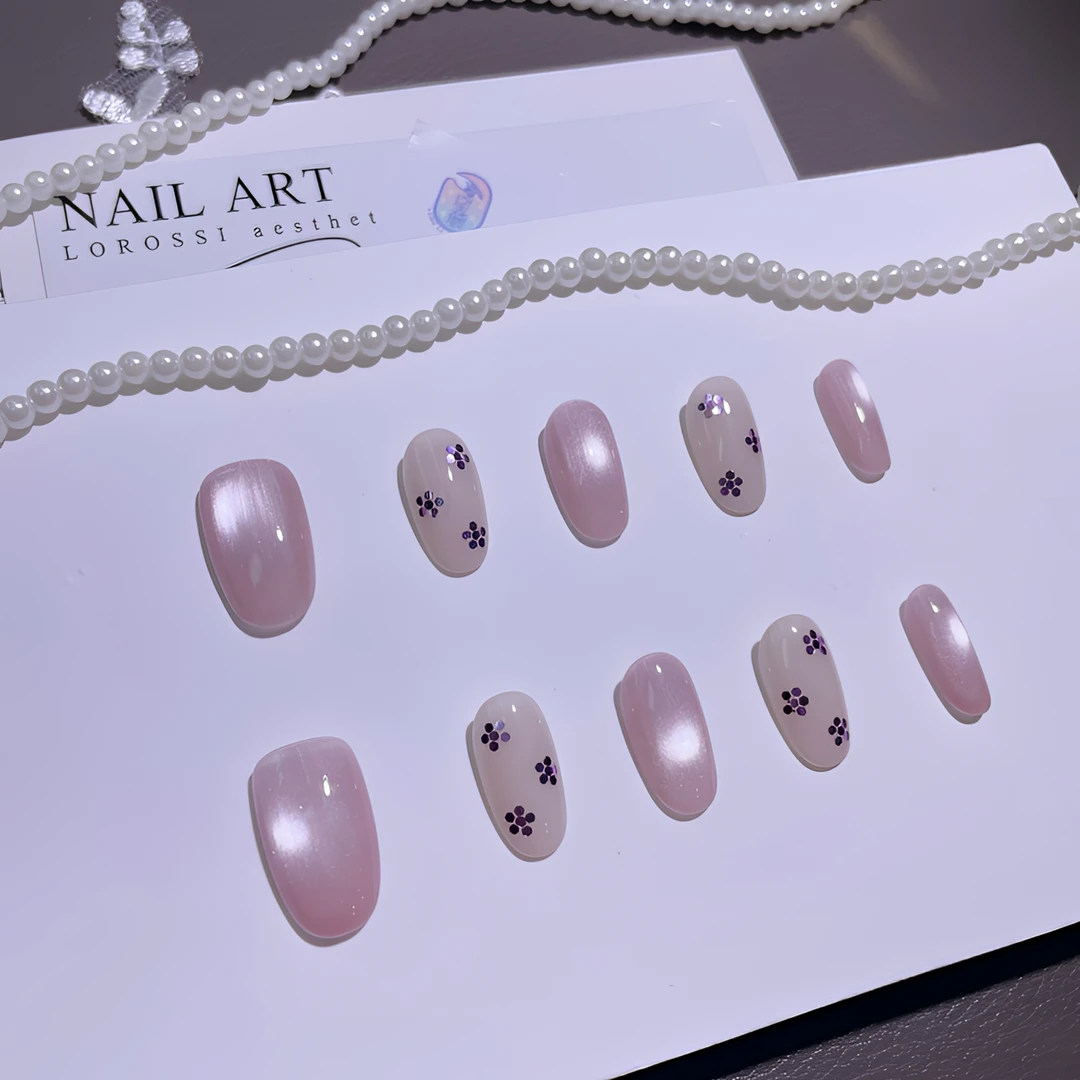 A1749『粉亮片花』甜美温柔质感粉润猫光亮片拼花纯手工制作穿戴甲