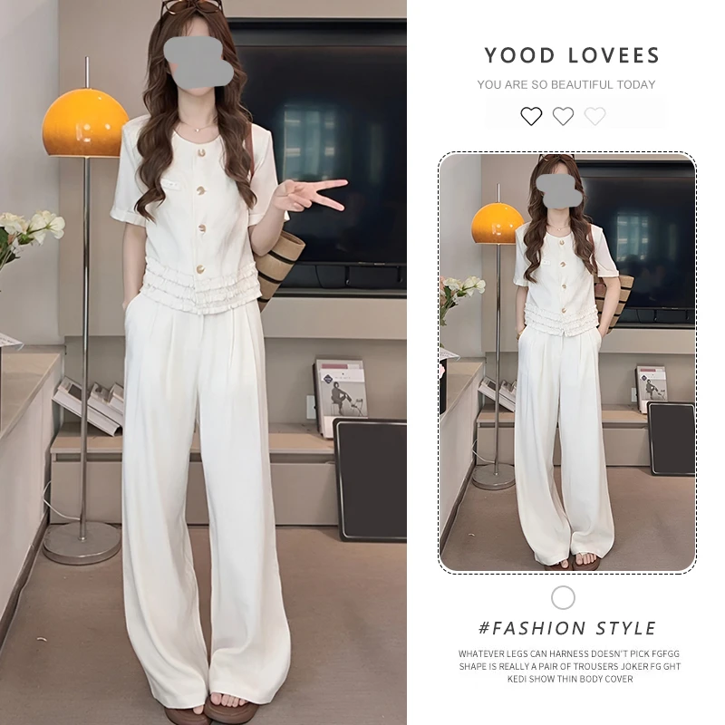 松弛感休闲时尚套装女2025夏季新款设计感木耳边高腰阔腿裤两件套