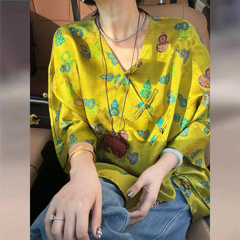 新中式女装国风黄色盘扣长袖上衣2025秋季新款轻奢缎面唐装衬衫女