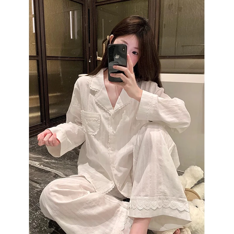 法式蕾丝花边纯棉睡衣女春秋季新款开衫长袖长裤可外穿家居服套装