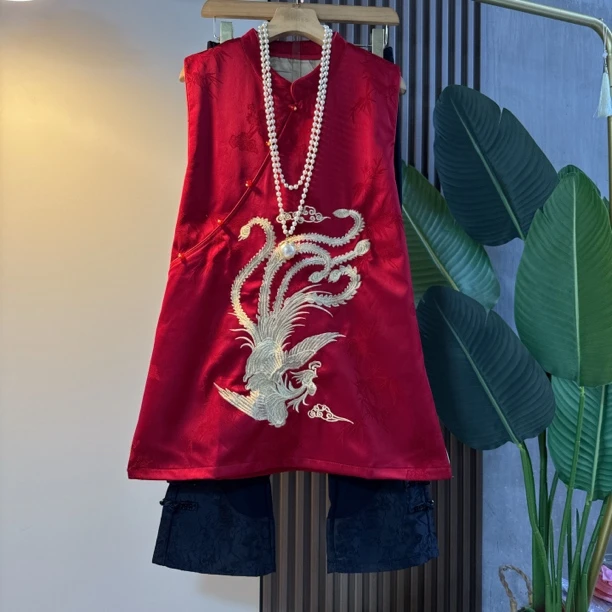 中国风时尚复古国风大码女装锦缎盘扣重工刺绣民族风盘扣长衫马甲