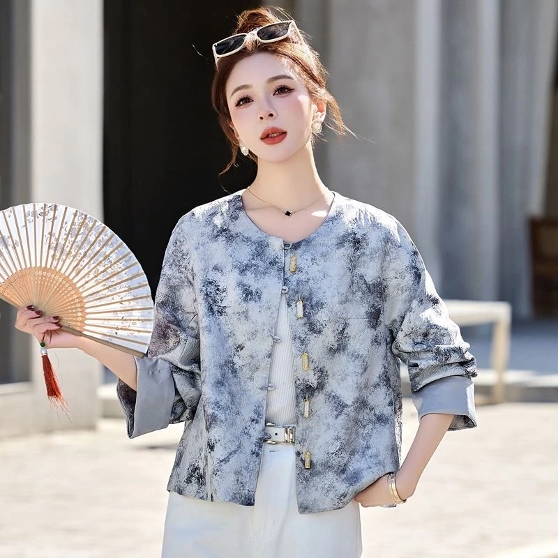 女提花圆领韩版上衣印花春季夏季短外套新中式百搭短款时尚