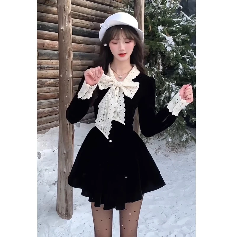 【木子】miu系富家千金黑色连衣裙女秋小香风穿搭收腰公主裙QJ0189