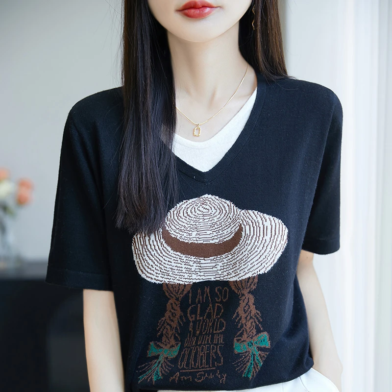独特气质～夏季新款时尚V领宽松短袖针织衫T恤女洋气百搭显瘦上衣