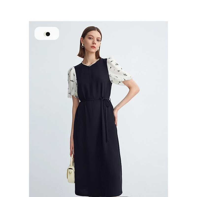 迪赛尼斯夏季通勤风米色气质优雅长裙短袖圆领连衣裙