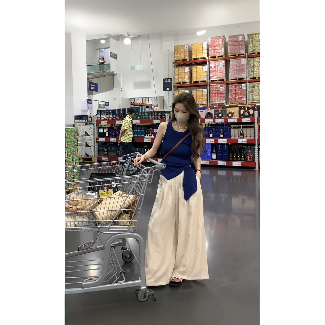 夏季藏蓝色吊带不规则绑带背心百搭小个子松弛休闲阔腿裤套装上衣