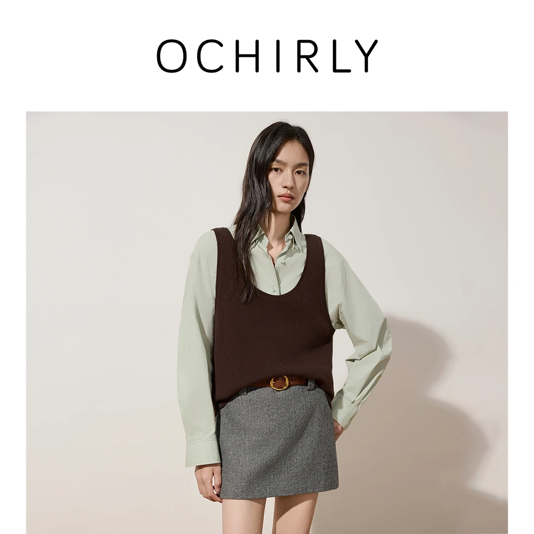 OCHIRLY欧时力 100%澳大利亚美丽诺羊毛U领毛织背心2025秋季新品