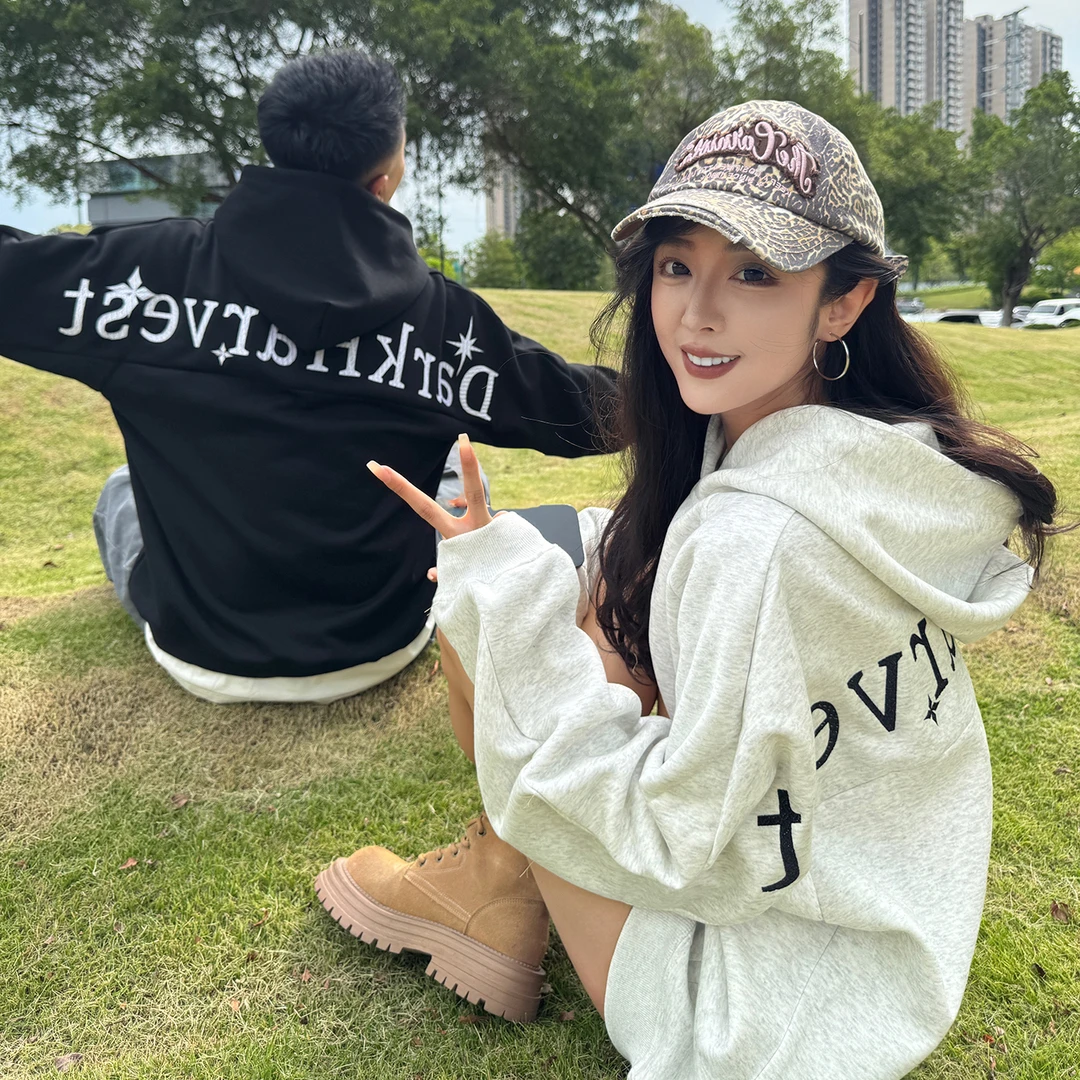 美式街头风温柔字母刺绣连帽卫衣时尚百搭慵懒宽松小众设计情侣装
