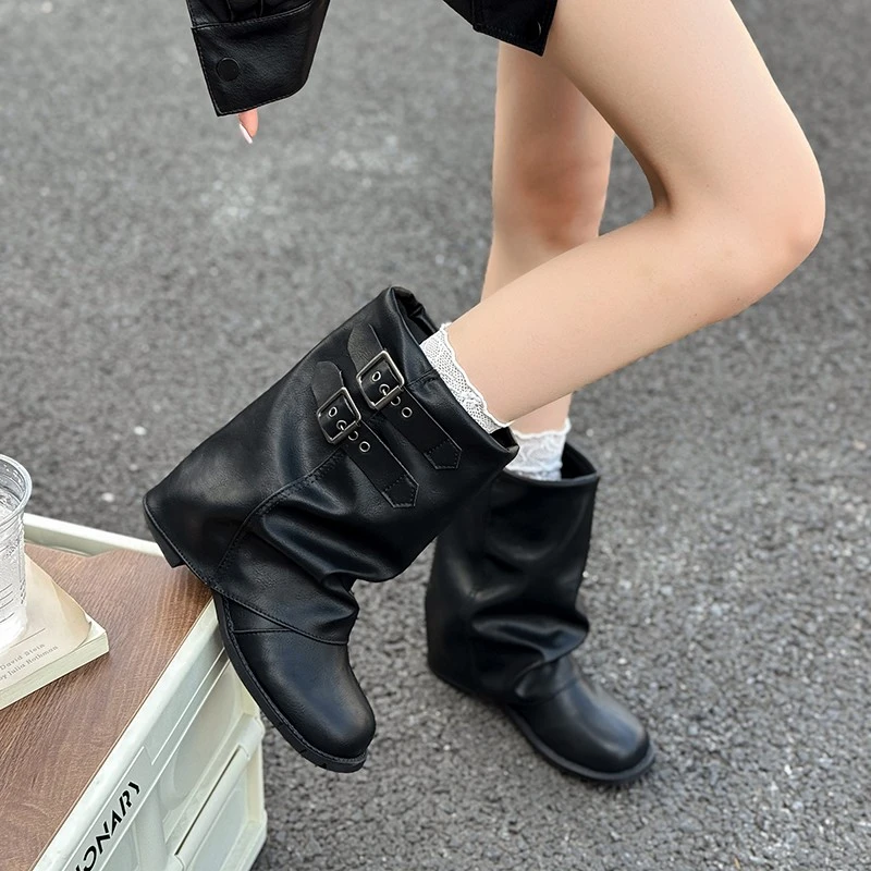 褶皱堆堆裤管靴女2025年春季新款粗跟黑色短靴配裙子机车马丁靴子