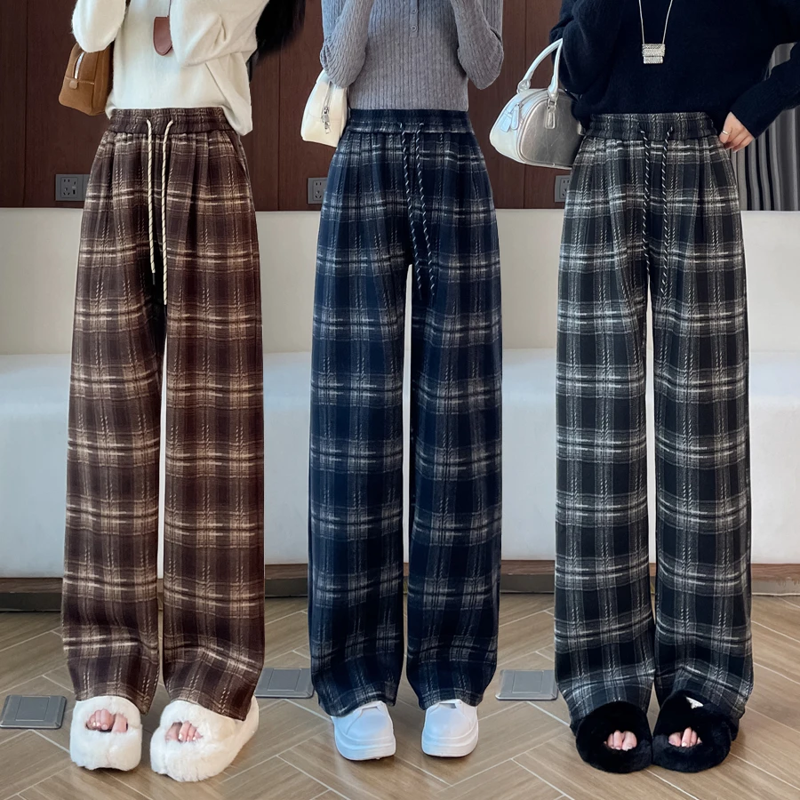 格子裤秋冬季加绒加厚高腰窄版直筒裤显瘦阔腿裤小个子九分休闲裤
