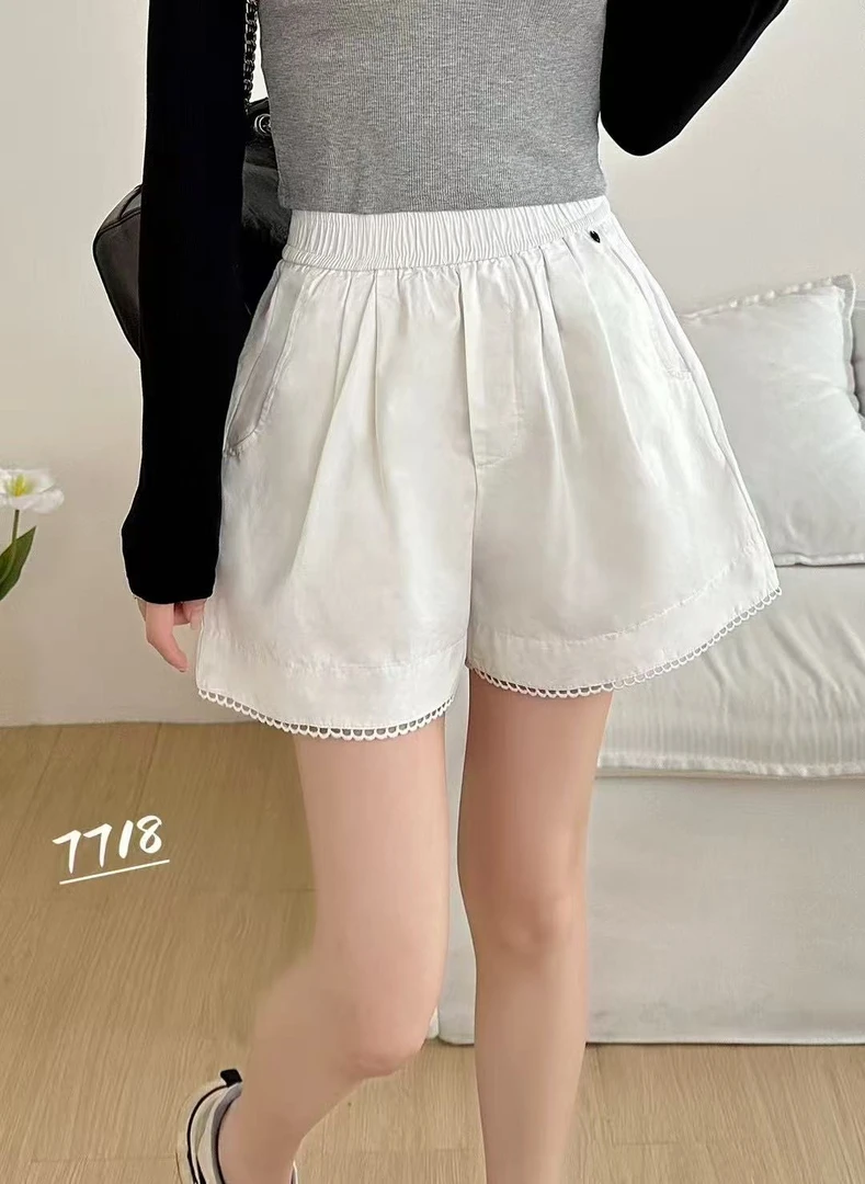 2025新款韩系7718春夏时尚松紧腰休闲a字花边短裤休闲百搭