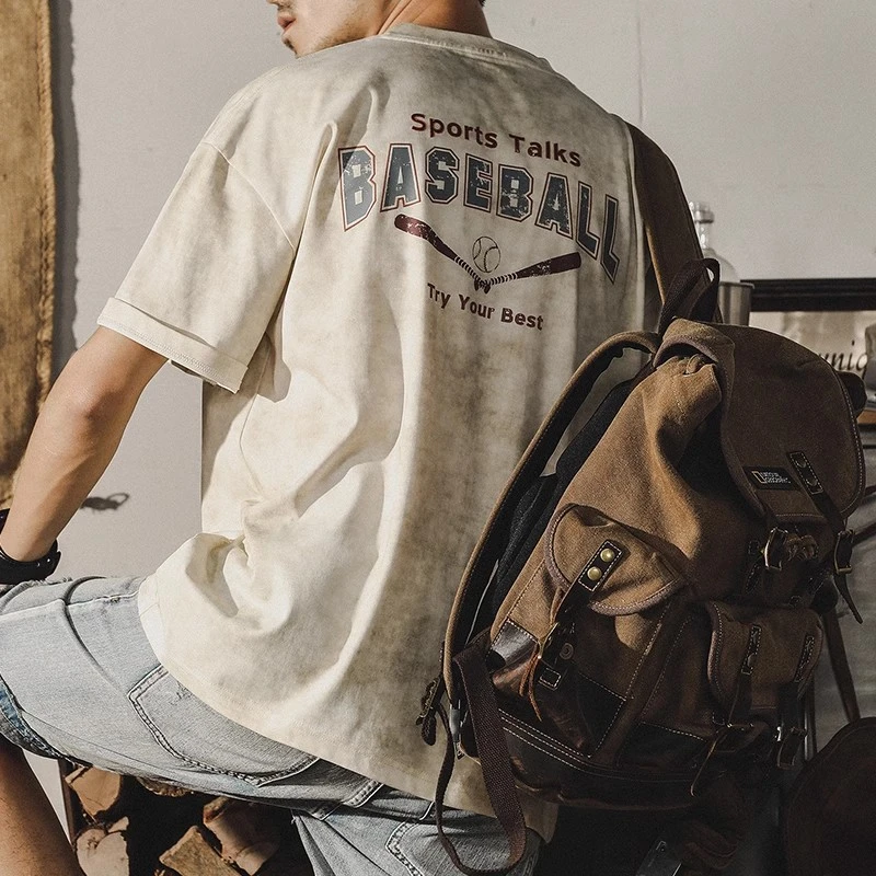 冰丝凉感短袖t恤男夏季宽松大码云染洗褪美式复古休闲上衣