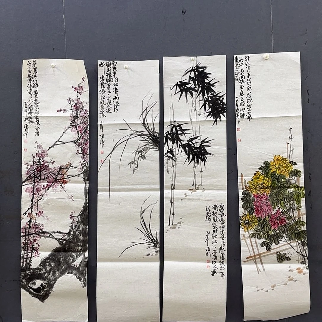 林***涯国画四条屏花鸟作品艺