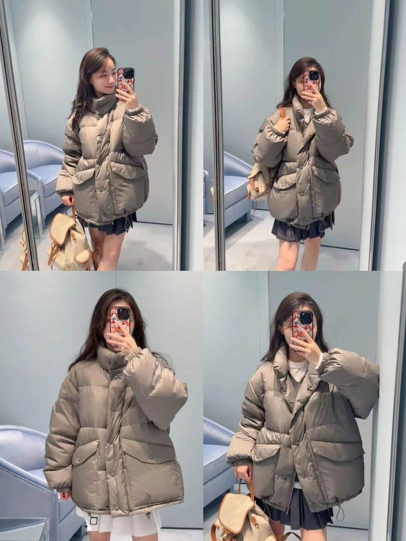 雪落时刻 胶印字母印花宽松柔软轻盈蓬松保暖灰色长袖羽绒服80348