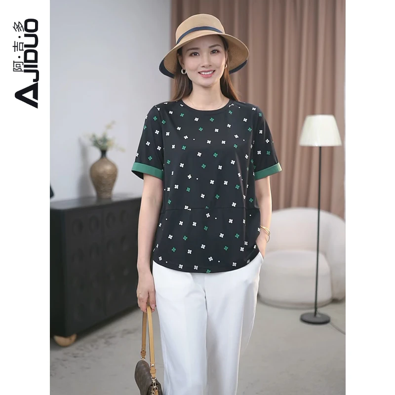 阿吉多A31801黑色撞色短袖t恤女2025年夏季新款拼接时尚印花上衣