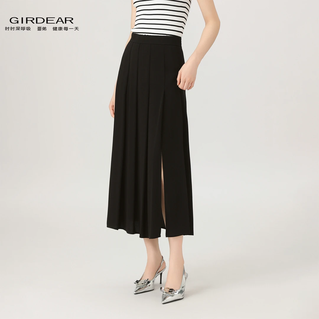 GIRDEAR/哥弟新款气质显瘦百搭高腰优雅百褶裙长款半身裙1200325