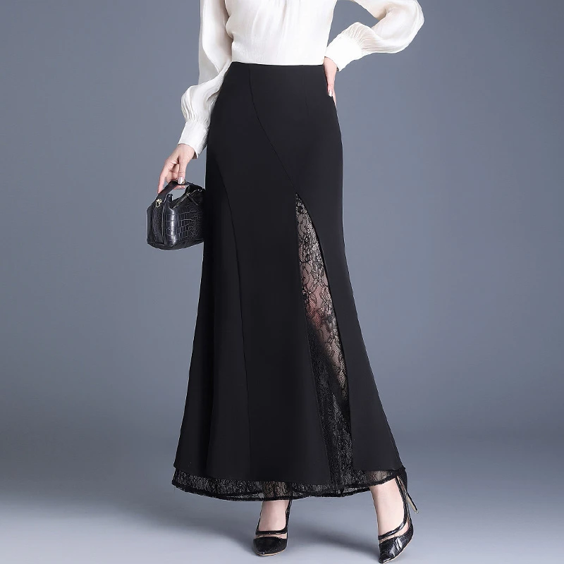蕾丝拼接黑色冰凉丝半身裙女春秋2025高腰显瘦包臀长款鱼尾长裙子