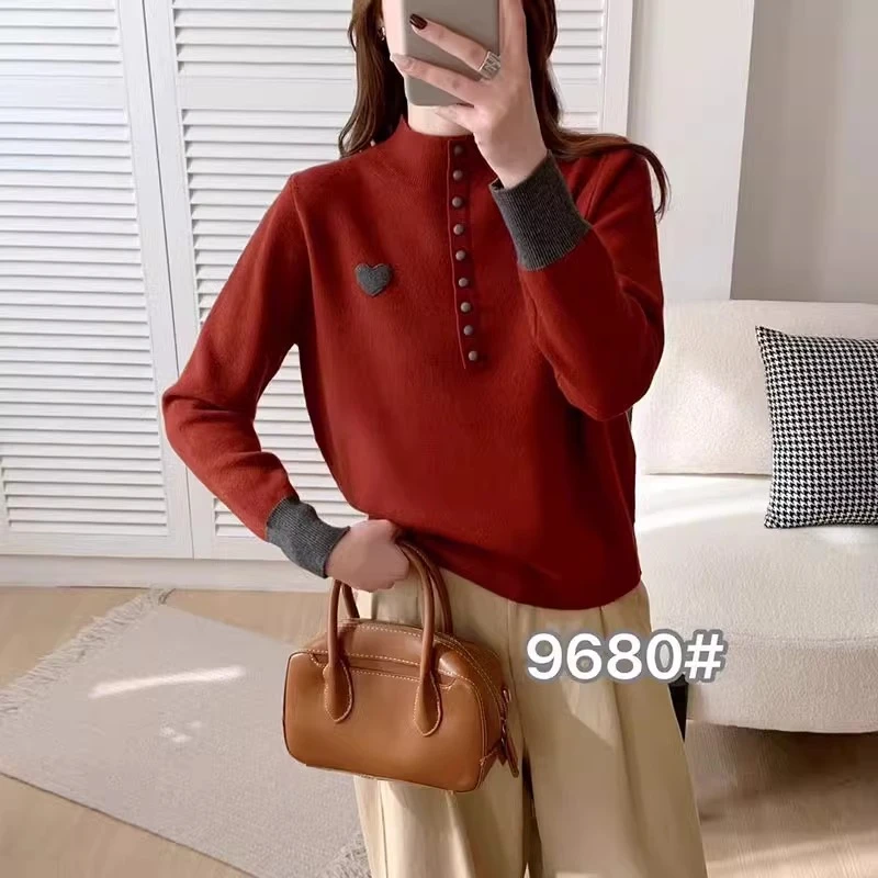 减龄爱心刺绣套头毛衣女春秋2025新款长袖撞色立领针织衫外穿打底