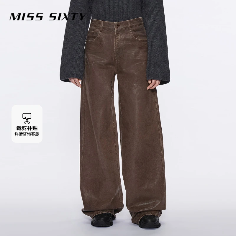 Miss Sixty冬季新款牛仔裤女复古深棕色光泽感涂层宽松直筒裤