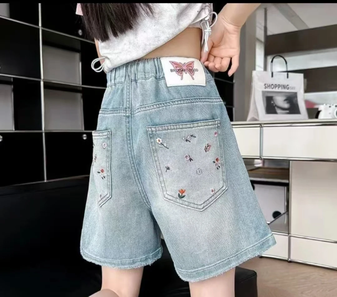 1108-刺绣贴标蝴蝶短裤夏季儿童时尚洋气大童时髦百搭牛仔热裤