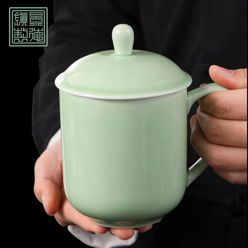 泥火匠茶杯景德镇青釉带盖陶瓷杯大容量会议办公盖杯水杯父母礼品