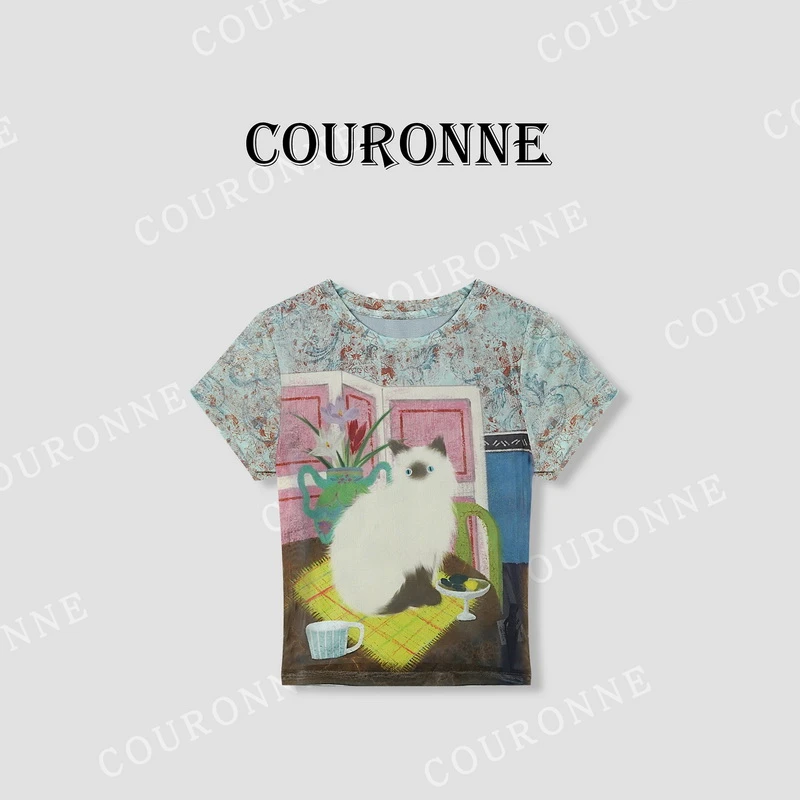 【小熊】-春夏‘’壁画猫咪‘’复古油画设计感小个子软糯轻薄短袖33444