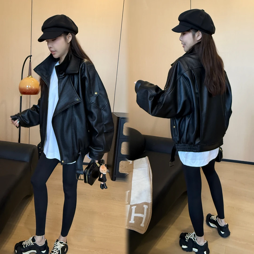 二姐的宝藏早秋高端肌理感阔版双领时尚宽松显瘦皮衣#25291