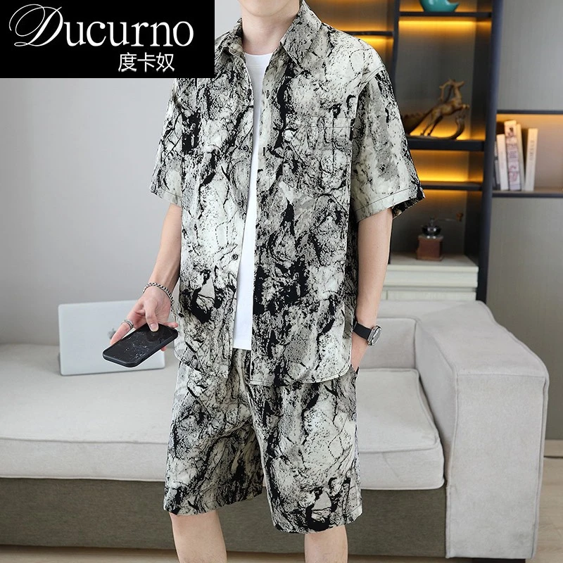 薄款短袖衬衫男士套装宽松休闲垂感冰丝夏季衬衣短裤两件套痞帅