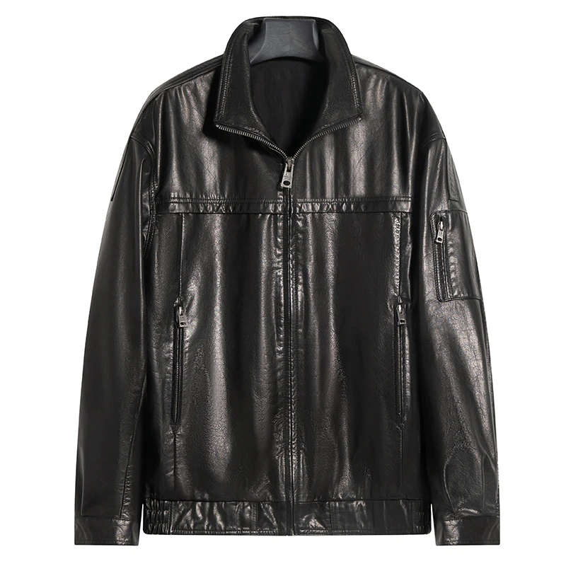 海宁真皮皮衣男士外套2025春秋季黑色时尚机车款立翻领休闲夹克