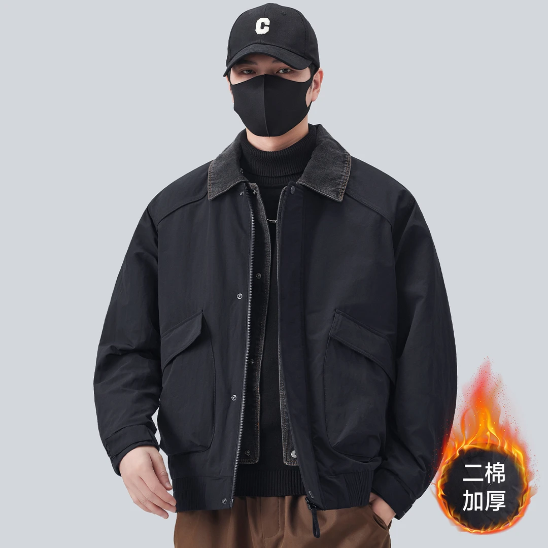 姆尔丘顿MERCUTON假两件夹棉外套男款秋冬季新款加厚牛仔男士棉衣