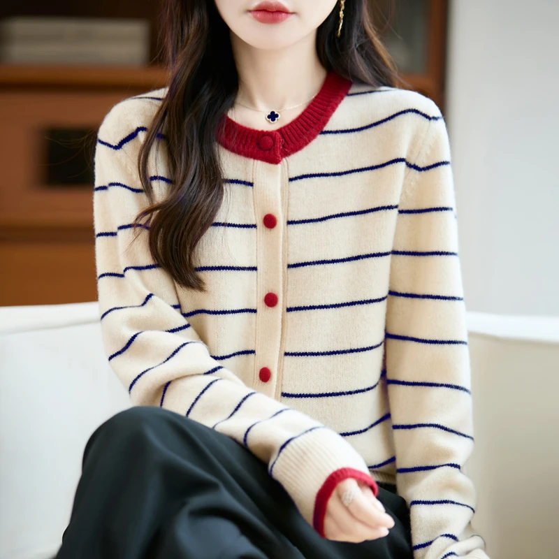 老钱风100%羊毛开衫女款条纹拼色时尚针织毛衣外套百搭设计感上衣