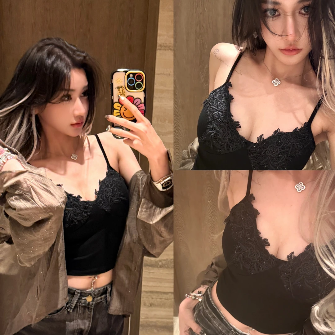蕾丝边镂空雕花黑色性感带胸垫吊带背心