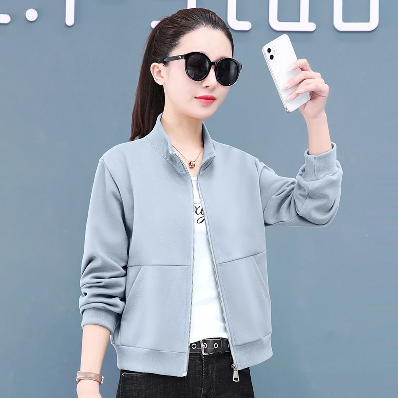 女大码不褪色口袋厚款休闲短外套上衣宽松型春秋季运动短款时尚