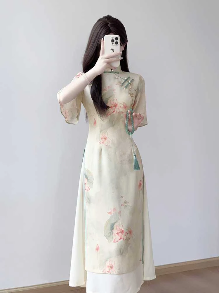 旗袍2025新款春夏奥黛少女年轻款改良新中式国风茶服民国风连衣裙