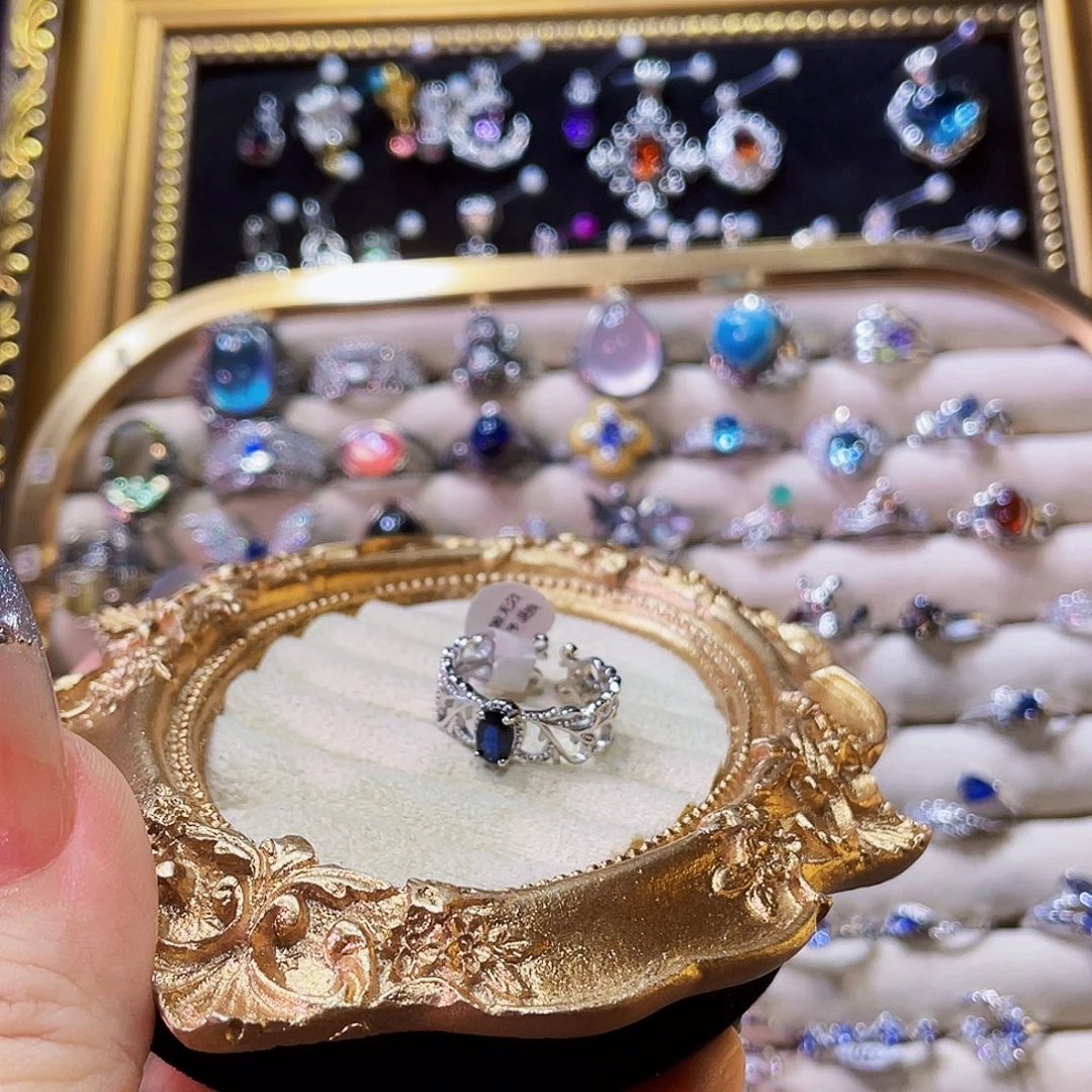 米***圆925银蓝色蕾丝戒指