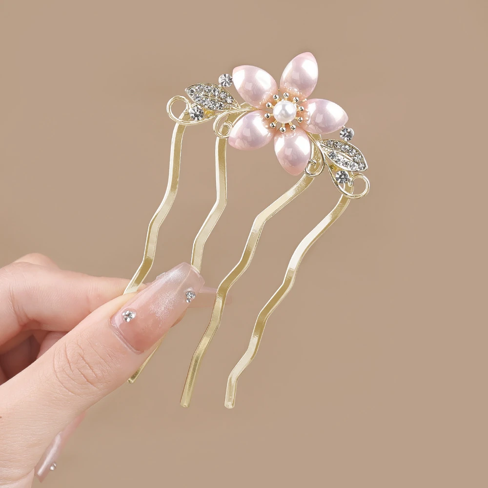 新款轻奢水钻新中式玉兰花珠珠四齿盘发梳国风发簪后脑勺盘发器