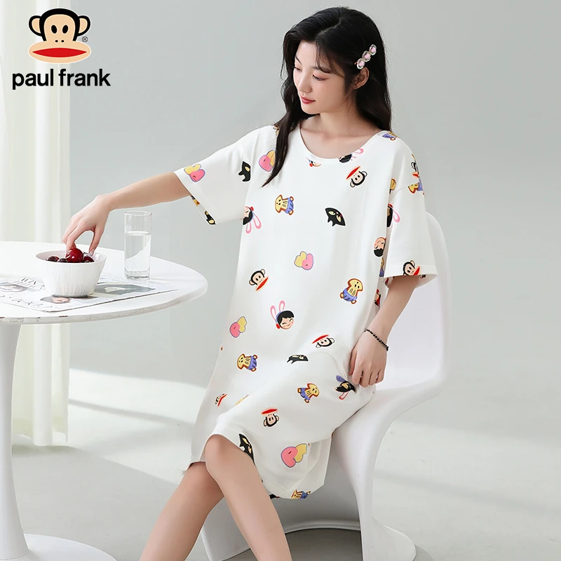 大嘴猴夏天新款圆领短袖中长款睡衣裙女士可爱卡通连衣裙可外穿夏