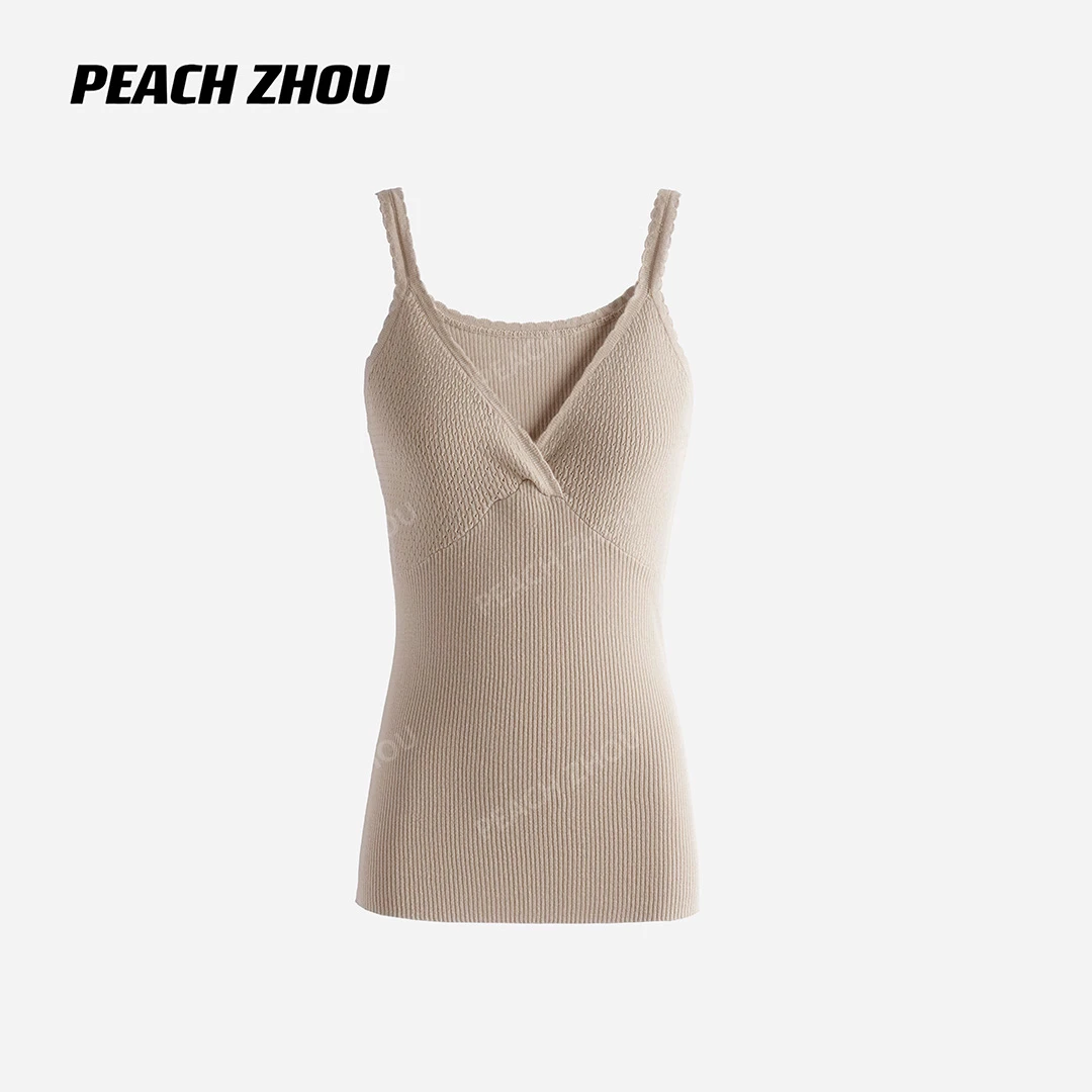 『PEACHZHOU』精梳棉钩花镂空罗纹花边法式V领修身纯欲毛织吊带背心