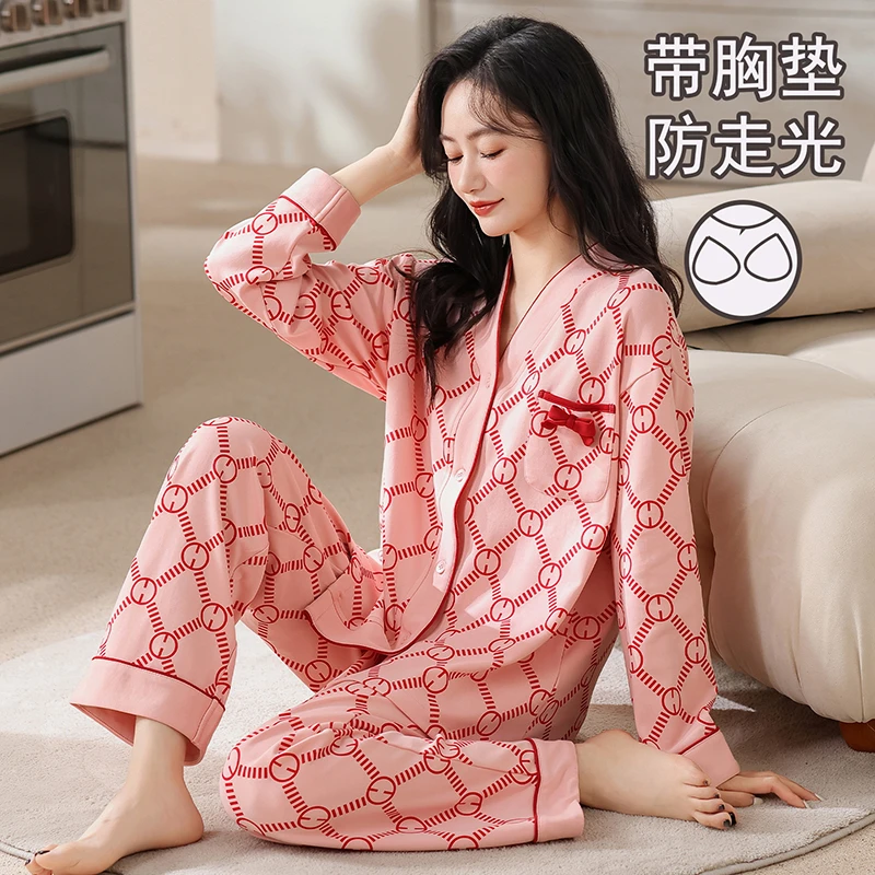 浪莎睡衣女春秋款长袖带胸垫一体秋冬季2025新款休闲可外穿家居服