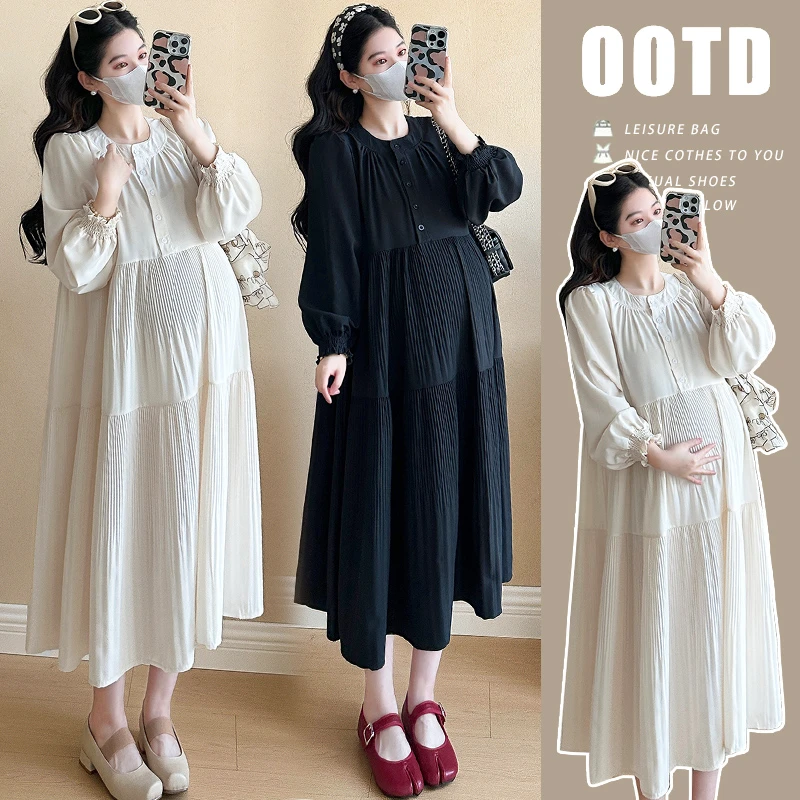 孕妇春装连衣裙2025新款时尚法式宽松压褶圆领衬衫裙春秋款孕妇裙