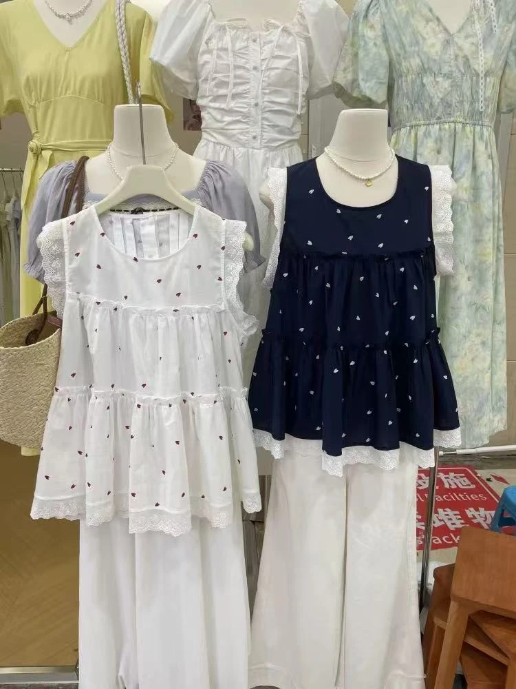 爱心无袖衬衫女2025年夏季新款小个子娃娃衫甜美蕾丝拼接撞色小衫