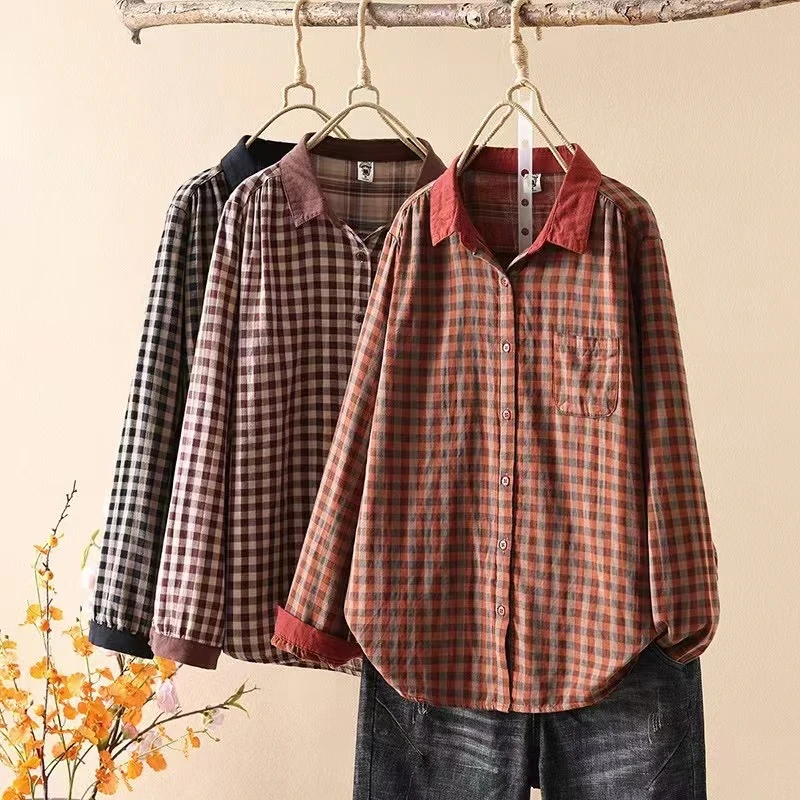 2025春季新款纯色领棉纱格子长袖衬衫气质减龄复古休闲衬衫85211