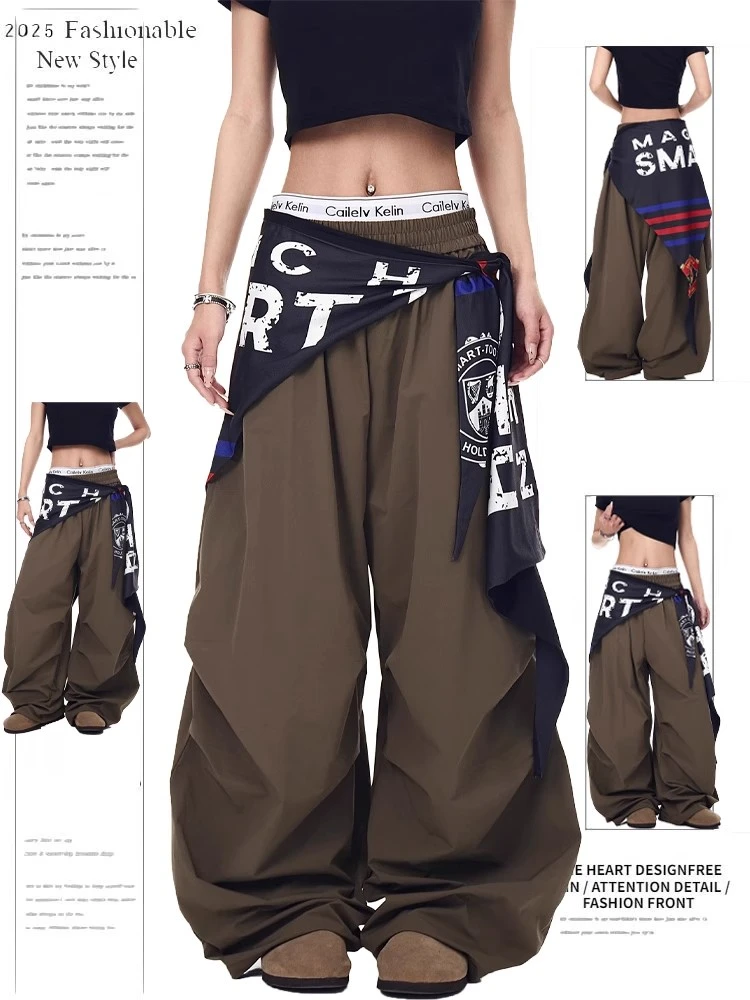 美式复古设计感屁帘工装伞兵裤女夏季宽松垂感褶皱爵士舞跳舞裤子