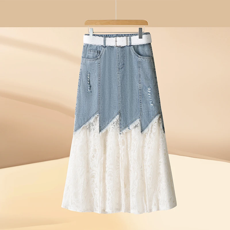 欧货蕾丝拼接牛仔半身裙女2025夏季爆款高腰不规则假两件中长裙子